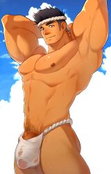 Rule 34 | 1boy, abs, arms behind head, bara, black hair, closed mouth, cloud, covered penis, facial hair, fundoshi, hidora art, highres, japanese clothes, large pectorals, male focus, male pubic hair, muscular, muscular male, mustache stubble, navel, nipples, original, pectorals, penis, penis peek, pubic hair, see-through, short hair, sky, smile, solo, stubble, sweat, very sweaty, wet, wet clothes, wet fundoshi