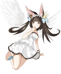 Rule 34 | 1girl, absurdres, alternate costume, alternate hairstyle, angel wings, animal ear fluff, animal ears, azur lane, bare shoulders, barefoot, black hair, blue bow, blue ribbon, blunt bangs, blush, bow, breasts, closed mouth, crown, dress, evening gown, feathered wings, fox ears, fox girl, frilled dress, frills, full body, hair bow, hair ornament, hand on own chin, hand to own mouth, hand up, headdress, highres, leg ribbon, long hair, looking at viewer, mini crown, nagato (azur lane), nagato (guardian fox&#039;s procession) (azur lane), noshibukuro, official alternate costume, ribbon, simple background, sleeveless, small breasts, smile, solo, strapless, strapless dress, twintails, white background, white dress, white wings, wings, wrist cuffs, yellow eyes