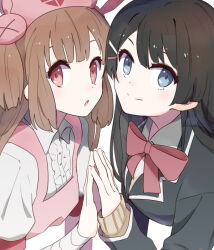 Rule 34 | 2girls, apron, bandaged arm, bandages, black jacket, blazer, blue eyes, blush, bow, bowtie, brown hair, center frills, closed mouth, collared shirt, frills, from side, hat, holding hands, jacket, long hair, looking at viewer, multiple girls, natori sana, nijisanji, nurse cap, pink apron, portrait, red bow, red bowtie, red eyes, sana channel, school uniform, shirt, sidelocks, smile, sou (tuhut), steepled fingers, straight hair, tsukino mito, two side up, virtual youtuber, white shirt