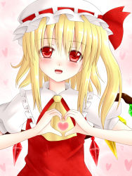 Rule 34 | 1girl, blonde hair, blush, dotera, female focus, flandre scarlet, hanazome dotera, hat, heart, heart hands, red eyes, side ponytail, solo, embodiment of scarlet devil, touhou, wings
