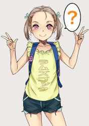 Rule 34 | 1girl, ?, backpack, bag, brown hair, child, cutoffs, double v, female focus, frilled shirt, frills, grey background, hair ornament, hairclip, highres, looking at viewer, original, pink eyes, shirt, short shorts, shorts, simple background, smile, sody, solo, spoken question mark, twintails, v, yellow shirt