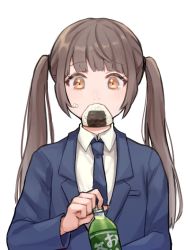 Rule 34 | 1girl, blazer, blue jacket, blue necktie, bottle, brown eyes, brown hair, collared shirt, food, food in mouth, food on face, holding, holding bottle, jacket, long hair, long sleeves, mouth hold, necktie, oni, original, rice, rice on face, saino misaki, shirt, sidelocks, simple background, solo, twintails, upper body, white background, white shirt