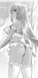 Rule 34 | 1girl, ass, bow legwear, breasts, covered erect nipples, elbow gloves, elf, forest, frilled gloves, frilled thighhighs, frills, gloves, greyscale, kuroda akimi, large breasts, long hair, looking back, miniskirt, monochrome, nature, original, outdoors, pointy ears, sample watermark, sketch, skirt, solo, thighhighs, tree, watermark