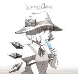 Rule 34 | 1girl, character name, cirno, dress, eating, food, graphite (medium), greyscale, hat, hat ribbon, looking away, maru8 a go go, maruhachi (maruhachi record), monochrome, popsicle, puffy short sleeves, puffy sleeves, ribbon, short hair, short sleeves, simple background, solo, spot color, straw hat, touhou, traditional media, white background, wings