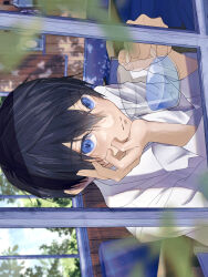 Rule 34 | 1boy, black hair, blue eyes, cup, dappled sunlight, eru (frfrharuka), expressionless, free!, hair between eyes, highres, holding, holding cup, light particles, looking at viewer, looking outside, male focus, nanase haruka (free!), shirt, short hair, sitting, solo, sunlight, upper body, water, white shirt, window