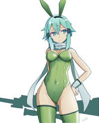 Rule 34 | 1girl, absurdres, aqua eyes, aqua hair, artist name, batta 16-sei, breasts, contrapposto, covered navel, female focus, gluteal fold, green leotard, green thighhighs, grey scarf, groin tendon, gun, hair between eyes, hair ornament, hairclip, hand on own hip, highres, leotard, looking to the side, medium breasts, playboy bunny, rifle, scarf, sinon, solo, sword art online, thighhighs, thighs, weapon, white background, wrist cuffs
