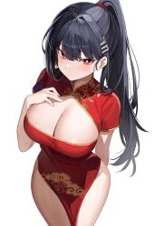 Rule 34 | 1girl, alternate costume, alternate hairstyle, black hair, blue archive, blush, breasts, china dress, chinese clothes, cleavage cutout, clothing cutout, cloud print, commentary, dress, hand on own chest, highres, large breasts, looking at viewer, nannung, pelvic curtain, red dress, red eyes, rio (blue archive), short sleeves, simple background, solo, white background