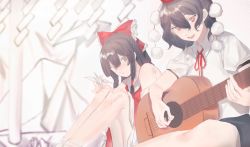 Rule 34 | 2girls, :/, :d, absurdres, black hair, black skirt, bow, bright pupils, brown eyes, brown hair, chinese commentary, closed mouth, collared shirt, commentary, frilled bow, frilled skirt, frills, guitar, hair between eyes, hair bow, hair tubes, hakurei reimu, hat, highres, holding, holding instrument, holding plectrum, instrument, knees up, liuqianju, long hair, looking at another, looking down, medium hair, multiple girls, music, neck ribbon, open mouth, origami, paper crane, playing instrument, plectrum, pom pom (clothes), puffy short sleeves, puffy sleeves, red bow, red eyes, red headwear, red ribbon, red skirt, red vest, ribbon, shameimaru aya, shide, shirt, short sleeves, sidelocks, sitting, skirt, skirt set, smile, socks, teeth, tokin hat, touhou, upper teeth only, vest, white pupils, white shirt, white socks