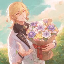 Rule 34 | 1boy, artist name, blonde hair, bouquet, bow, buttons, cloud, cloudy sky, dress shirt, driftwoodwolf, earrings, feather hair ornament, feathers, flower, formal, genshin impact, grass, hair ornament, holding, holding bouquet, jacket, jewelry, kaveh (genshin impact), lapels, long sleeves, looking at viewer, male focus, open clothes, open jacket, pants, reaching, reaching towards viewer, red bow, red eyes, shirt, sky, smile, solo, suit, teeth, vest, white jacket, white pants, white vest, wing collar