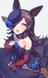 Rule 34 | 1girl, :d, animal ears, bare shoulders, black bow, black hair, blue dress, blue flower, blue hat, blue rose, bow, commentary request, dagger, dress, flower, grey background, gudrn, hair over one eye, hat, hat flower, highres, horse ears, knife, long hair, long sleeves, looking at viewer, off-shoulder dress, off shoulder, open mouth, petals, pink eyes, rice shower (umamusume), rose, simple background, sleeves past wrists, smile, solo, tilted headwear, umamusume, very long hair, weapon
