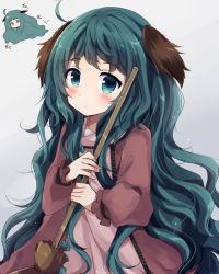 Rule 34 | 1girl, ahoge, alternate hair length, alternate hairstyle, animal ears, bad id, bad twitter id, bamboo broom, blush, broom, chibi, chibi inset, closed mouth, dog ears, dress, gradient background, green eyes, green hair, kasodani kyouko, long hair, long sleeves, looking at viewer, parted lips, pink dress, simple background, solo, touhou, uguisu mochi (ykss35), upper body, very long hair, wavy hair, white background