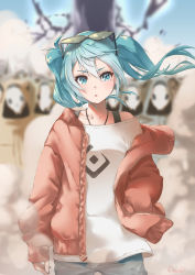 Rule 34 | 1girl, 6+others, :o, absurdres, aqua eyes, aqua hair, azusa (azunyan12), blue sky, blurry, blurry background, commentary, cowboy shot, day, denim, eyewear on head, hand in pocket, hatsune miku, highres, jacket, jeans, looking at viewer, medium hair, multiple others, outdoors, pants, parted lips, red jacket, sand, shirt, signature, sky, suna no wakusei (vocaloid), sunglasses, tree, twintails, vocaloid, white shirt, zipper pull tab