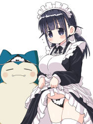 Rule 34 | 1girl, = =, apron, black eyes, black hair, blush, breasts, clothes lift, commentary, creatures (company), dress, dress lift, fangs, game freak, gen 1 pokemon, highres, large breasts, lifting own clothes, maid, maid apron, maid headdress, naitou kouse, nintendo, object on head, original, panties, panties on head, pokemon, pokemon (creature), side-tie panties, snorlax, thighhighs, twintails, underwear, white background, white thighhighs