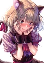 Rule 34 | 1girl, absurdres, animal ear fluff, animal ears, blue eyes, blush, bow, brown hair, cat ears, cat girl, cat tail, fingernails, green eyes, hands on own cheeks, hands on own face, hands up, heterochromia, highres, idolmaster, idolmaster cinderella girls, lips, mole, mole under eye, nail polish, open mouth, piromizu, puffy short sleeves, puffy sleeves, scan, short sleeves, simple background, solo, tail, takagaki kaede, white background, wristband
