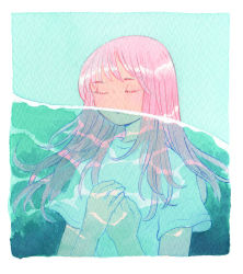Rule 34 | 1girl, absurdres, aqua background, border, caustics, closed eyes, closed mouth, color ink (medium), commentary, english commentary, facing viewer, floating hair, hands up, heikala, highres, ink (medium), long hair, original, outdoors, own hands together, painting (medium), partially submerged, pink hair, rounded corners, shikishi, shirt, short sleeves, solo, t-shirt, traditional media, u u, upper body, water, watercolor (medium), white border, white shirt