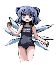 Rule 34 | &gt;:), 1girl, :d, blue eyes, blue hair, bow, cirno, gatau, hair bow, looking at viewer, lowres, matching hair/eyes, no nose, one-piece swimsuit, open mouth, ribbon, school swimsuit, short hair, smile, solo, swimsuit, thigh gap, touhou, v-shaped eyebrows, wings