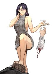 Rule 34 | 1boy, 1girl, bare arms, bare legs, bare shoulders, black nails, blood, breasts, brown hair, collarbone, disembodied limb, foot on head, glasses, hand up, highres, kamishiro rize, large breasts, long hair, meme attire, nail polish, no bra, purple hair, red eyes, short hair, smile, solo focus, toenail polish, toenails, tokyo ghoul, virgin killer sweater, yourfreakyneighbourh