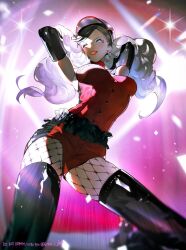 Rule 34 | 1girl, black gloves, blue eyes, boots, breasts, btmr game, elbow gloves, fishnet pantyhose, fishnets, gloves, hat, highres, jewelry, kneeling, leotard, long hair, looking at viewer, medium breasts, one eye closed, pantyhose, persona, persona 5, persona 5: dancing star night, persona dancing, red leotard, solo, sparkle, takamaki anne, thigh boots, tongue, tongue out