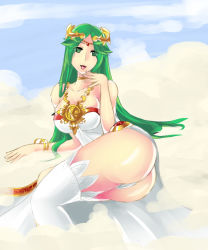 Rule 34 | 1girl, artist request, ass, breasts, female focus, green eyes, green hair, huge ass, jewelry, kid icarus, large breasts, legs, long hair, lots of jewelry, matching hair/eyes, nintendo, off shoulder, outdoors, palutena, panties, sky, solo, thighhighs, tiara, tongue, tongue out, underwear, very long hair, white panties, white theme