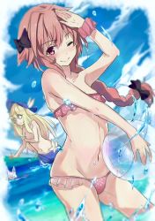 Rule 34 | 2boys, ;), androgynous, astolfo (fate), ball, beachball, bikini, black bow, blonde hair, blue sky, blush, bow, braid, chevalier d&#039;eon (fate), cloud, covering privates, covering breasts, day, fate/apocrypha, fate/grand order, fate (series), fou (fate), hair bow, hat, highres, long hair, looking at viewer, male focus, multiple boys, navel, o o, ocean, one eye closed, pantie painting, partially submerged, pink bikini, pink eyes, pink hair, polka dot, polka dot bikini, sky, smile, swimsuit, topless male, trap