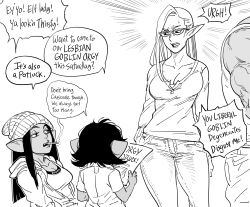 Rule 34 | 1boy, 3girls, bb (baalbuddy), beanie, booba (meme), breasts, cigarette, cleavage, commentary, dark-skinned female, dark-skinned male, dark skin, denim, elf, emphasis lines, english commentary, english text, female goblin, flirting, goblin, greyscale, hat, height difference, highres, hood, hoodie, jeans, large breasts, long hair, long sleeves, meme, monochrome, mouth hold, multiple girls, open mouth, original, pants, pointy ears, sharp teeth, shirt, shortstack, simple background, smoke, smoking, sweat, teeth, upper teeth only, white background, yuri