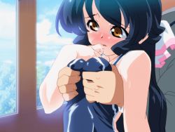 Rule 34 | 1boy, 1girl, animated, animated gif, black hair, grabbing another&#039;s breast, breasts, brown eyes, covered erect nipples, erogos, grabbing, hair ribbon, hetero, mahotama, mako (mahotama), nipples, one-piece swimsuit, one breast out, ribbon, school swimsuit, swimsuit