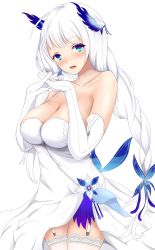 Rule 34 | azur lane, blue eyes, blush, braid, breasts, collarbone, cowboy shot, dress, garter straps, gloves, hair ornament, head tilt, highres, illustrious (azur lane), illustrious (illustrious ball) (azur lane), interlocked fingers, large breasts, long hair, looking at viewer, mole, mole under eye, open mouth, shira hon, simple background, single braid, smile, solo, standing, thighhighs, white gloves, white hair, white thighhighs