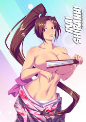Rule 34 | 1girl, bokuman, breasts, brown hair, hand fan, fatal fury, huge breasts, japanese clothes, navel, shiranui mai, solo, the king of fighters, topless