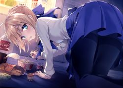 Rule 34 | 1girl, ahoge, all fours, artoria pendragon (all), artoria pendragon (fate), black pantyhose, blonde hair, blue eyes, blue ribbon, blue skirt, blush, braid, breasts, chips (food), chopsticks, coke, coke bottle, commentary request, cup ramen, eating, fate/stay night, fate (series), fingernails, food, food in mouth, french braid, from behind, hair between eyes, hair ribbon, head tilt, high-waist skirt, holding, holding chopsticks, indoors, long sleeves, looking at viewer, looking to the side, medium skirt, milk carton, night, noodles, on floor, ouka (ra-raradan), pantyhose, refrigerator, ribbon, saber (fate), shadow, shirt, short hair, sidelocks, skirt, small breasts, solo, thighband pantyhose, thighs, tile floor, tile wall, tiles, vegetable, white shirt