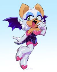 Rule 34 | 1girl, absurdres, alfiasaee, artist name, bat wings, boots, breasts, cleavage, elbow gloves, full body, furry, furry female, gloves, green eyes, high heel boots, high heels, highres, looking to the side, open mouth, rouge the bat, small breasts, solo, sonic (series), thigh boots, white gloves, wings