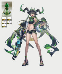 Rule 34 | 1girl, absurdres, bare legs, bikini, black hair, black shorts, full body, green bikini, green eyes, green hair, hair between eyes, highres, holding, holding water gun, horns, jacket, long hair, long sleeves, looking at viewer, multiple horns, navel, off shoulder, open clothes, open jacket, open mouth, original, puffy long sleeves, puffy sleeves, rhine (overtonerhine), sandals, shorts, simple background, solo, standing, stomach, swimsuit, uneven eyes, very long hair, water gun