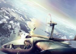 Rule 34 | 2girls, above clouds, aircraft, airplane, black hair, brown eyes, brown hair, cloud, flying, headset, highres, itodome, mountain, mountainous horizon, multiple girls, open mouth, original, pilot, propeller, river, scenery, smile, vehicle focus, water