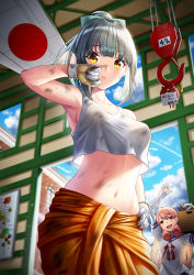 Rule 34 | 2girls, :d, abyssal ship, akashi (kancolle), armpits, blue sailor collar, blue sky, breasts, cloud, cloudy sky, commentary request, cowboy shot, day, enemy lifebuoy (kancolle), flag, frown, gloves, green eyes, green hair, hair ribbon, hand on own hip, holding, indoors, japanese flag, jumpsuit, kantai collection, long hair, long sleeves, medium breasts, multiple girls, navel, open mouth, orange jumpsuit, pink hair, ponytail, red ribbon, ribbon, sailor collar, short hair, sideboob, sky, sleeveless, smile, standing, sweat, tress ribbon, unowen, yellow eyes, yuubari (kancolle)