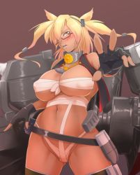 Rule 34 | 10s, 1girl, ammunition, bandages, between breasts, black gloves, black thighhighs, blush, bottomless, breasts, budget sarashi, covered erect nipples, dark-skinned female, dark skin, fingerless gloves, ganguro, glasses, gloves, headgear, kantai collection, large breasts, long hair, looking at viewer, mecha musume, musashi (kancolle), navel, open mouth, personification, pointy hair, red-framed eyewear, revealing clothes, sarashi, semi-rimless eyewear, solo, supi (inner map), thighhighs, twintails, two side up, under-rim eyewear, vest