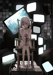 Rule 34 | bad id, bad pixiv id, barefoot, black eyes, chemise, cross-eyed, dark, feet, flat chest, flower, hair ornament, hairpin, highres, kacchuu, sitting, solo, television, water, white hair