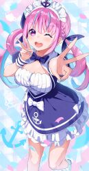 Rule 34 | 1girl, absurdres, ahoge, anchor print, anchor symbol, blue bow, blue bowtie, blue dress, blue hair, blue nails, blue ribbon, blush, bow, bowtie, braid, colored inner hair, confetti, double v, dress, frilled dress, frills, hair ribbon, highres, hololive, leg up, long hair, looking at viewer, maid, maid headdress, minato aqua, minato aqua (1st costume), multicolored hair, one eye closed, open mouth, outstretched arm, pink eyes, pink hair, red o7, ribbon, short dress, sidelocks, solo, standing, standing on one leg, streaked hair, teeth, twintails, two-tone hair, v, virtual youtuber, white bow, wrist cuffs