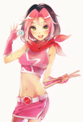Rule 34 | 1girl, bad id, bad pixiv id, belt, black hair, crop top, drumsticks, dyed bangs, fingerless gloves, gloves, looking at viewer, midriff, multicolored hair, navel, open mouth, osu!, pink hair, pippi (osu!), reika (clovia studio), scarf, shirt, skirt, smile, solo, taut clothes, taut shirt, two-tone hair
