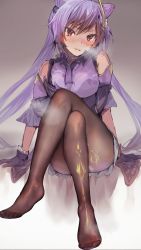 Rule 34 | 1girl, bare shoulders, blush, brown pantyhose, commentary request, cone hair bun, crossed legs, detached sleeves, dress, genshin impact, gloves, hair between eyes, hair bun, head tilt, heavy breathing, highres, keqing (genshin impact), legs, long hair, no shoes, nose blush, pantyhose, parted lips, purple dress, purple gloves, purple hair, red eyes, short sleeves, sitting, sleeveless, sleeveless dress, solo, tomozero, twintails, very long hair