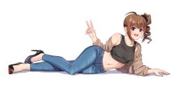 Rule 34 | 1girl, :d, ahoge, arm support, black footwear, black tank top, blue nails, blue pants, blue scrunchie, blunt bangs, blush, bra strap, bra visible through clothes, breasts, brown hair, brown jacket, collarbone, commentary request, crop top, denim, drill hair, fingernails, full body, hair ornament, hair scrunchie, hand up, high heels, idolmaster, idolmaster million live!, jacket, jeans, kamille (vcx68), long sleeves, looking at viewer, lying, medium breasts, midriff, nail polish, navel, no socks, off shoulder, on side, open clothes, open jacket, open mouth, pants, pumps, purple eyes, scrunchie, shadow, shoes, short hair, side ponytail, sidelocks, simple background, single bare shoulder, smile, solo, stiletto heels, stomach, tank top, teeth, upper teeth only, v, white background, yokoyama nao