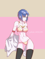 Rule 34 | 1girl, black thighhighs, blue eyes, blue hair, bra, breasts, ciel (tsukihime), contrapposto, groin, highres, navel, oceanbellereine, panties, partially undressed, sketch, skindentation, solo, standing, strap slip, tattoo, thighhighs, tsukihime, underwear, undressing, watermark, web address, yellow bra, yellow panties