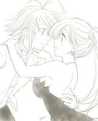 Rule 34 | 10s, 1boy, 1girl, alternate costume, alternate hairstyle, artist name, bare shoulders, blush, bow, bowtie, breasts, buttons, couple, dancing, dress, earrings, elizabeth liones, eye contact, greyscale, harumiya, jewelry, long hair, looking at another, medium breasts, meliodas, monochrome, nanatsu no taizai, shirt, upper body
