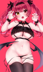 Rule 34 | 1girl, absurdres, bare arms, bare shoulders, between breasts, black bra, black hairband, black panties, black thighhighs, black wings, blush, bow, bra, breasts, claw pose, collarbone, commentary request, cross, cross earrings, cuffs, demon wings, earrings, hairband, harukasu (mememememo), heterochromia, highres, hololive, houshou marine, jewelry, large breasts, long hair, looking at viewer, low wings, navel, open mouth, panties, partially visible vulva, pink background, red bow, red eyes, shackles, side-tie panties, simple background, skindentation, solo, stomach, thighhighs, twintails, underboob, underwear, underwear only, untied panties, virtual youtuber, wings, yellow eyes