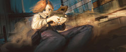 Rule 34 | 1girl, absurdres, black pants, blue eyes, brown hair, building, commentary, dust cloud, faiz azhar, feet out of frame, firing, foreshortening, gun, highres, holding, holding gun, holding weapon, jacket, long sleeves, original, outdoors, pants, short hair, solo, weapon, weapon request, white jacket