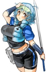 Rule 34 | 1girl, black shorts, blue hair, blush, breasts, character request, copyright request, cropped jacket, huge breasts, perky breasts, purple eyes, sachito, short hair, short sleeves, shorts, simple background, solo, sword, weapon, white background