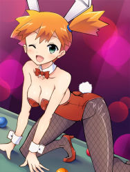 Rule 34 | 1girl, ;d, all fours, alternate color, alternate costume, animal ears, ball, bare shoulders, billiard ball, billiards, blush, bow, bowtie, breasts, chro (rulurullu), cleavage, collarbone, covered erect nipples, creatures (company), detached collar, fake animal ears, fishnet pantyhose, fishnets, game freak, green eyes, high heels, hip focus, indoors, legs, leotard, looking at viewer, misty (pokemon), necktie, nintendo, one eye closed, open mouth, orange hair, pantyhose, playboy bunny, pokemon, pokemon (anime), pool table, rabbit ears, rabbit tail, short hair, side ponytail, smile, solo, table, tail, unmoving pattern, wink, wrist cuffs