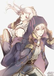 Rule 34 | 1boy, 1girl, atoatto, back-to-back, bare shoulders, belt, black gloves, buckle, cloak, commentary request, crossed legs, finger to cheek, fire emblem, fire emblem awakening, fire emblem heroes, from above, gloves, hair between eyes, holding hoodie, hood, looking back, looking up, nintendo, pants, parted lips, red eyes, robe, robin (female) (fire emblem), robin (fire emblem), robin (male) (fire emblem), short hair, silver hair, tank top, twintails