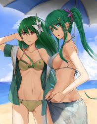 Rule 34 | 2girls, aki (aoirowings), artemis (p&amp;d), ass, athena (p&amp;d), back, beach, beach umbrella, bikini, blue sky, breasts, butt crack, cloud, collarbone, cowboy shot, day, flower, green eyes, green hair, hair flower, hair ornament, tucking hair, highres, long hair, medium breasts, multiple girls, navel, open clothes, open mouth, open shirt, outdoors, parted lips, ponytail, puzzle &amp; dragons, red eyes, sarong, see-through, shirt, sideboob, sky, surprised, swimsuit, umbrella, undressing, very long hair, yellow bikini