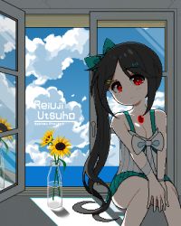 Rule 34 | 1girl, alternate costume, alternate hairstyle, black hair, blue sky, blush, breasts, breasts squeezed together, camisole, cleavage, closed mouth, cloud, day, feet out of frame, flower, green skirt, highres, horizon, indoors, long hair, looking at viewer, medium breasts, miniskirt, ocean, open window, pixel art, red eyes, reiuji utsuho, sechy, side ponytail, sitting, skirt, sky, smile, solo, sunflower, third eye, touhou, vase, water, white camisole, window, yellow flower
