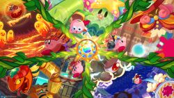 Rule 34 | battle, beam kirby, blush stickers, bomb, bomb kirby, coily rattler, colored skin, copy ability, cowboy hat, explosive, fighter kirby, flower, flowery woods, forked tongue, hat, highres, holding, holding bomb, holding sword, holding wand, holding weapon, holding whip, jester cap, kashiwa (ksw04270mochi), kirby, kirby: triple deluxe, kirby (series), kracko, lava, nintendo, one-eyed, one eye closed, open mouth, paint splatter, paintra, pink skin, pyribbit, solid oval eyes, sparkle, star (symbol), sun stone (kirby), sword, sword kirby, tongue, tree, wand, weapon, whip kirby, witch hat