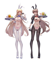 Rule 34 | 2girls, absurdres, alternate costume, animal ears, arm up, azur lane, black footwear, black gloves, black pantyhose, blonde hair, blue bow, blue bowtie, blush, bow, bowtie, breasts, brown hair, censored, cleavage, commentary request, covered erect nipples, detached collar, earrings, fake animal ears, gloves, gluteal fold, hair between eyes, half gloves, heart, heart censor, heart maebari, high heels, highres, holding, holding tray, jean bart (azur lane), jewelry, large breasts, long hair, maebari, meme attire, multiple girls, navel, pantyhose, pubic tattoo, rabbit ears, red bow, red bowtie, red eyes, reverse bunnysuit, reverse outfit, richelieu (azur lane), simple background, strapless, tattoo, thigh gap, thighband pantyhose, tray, v, white background, white footwear, white pantyhose, wrist cuffs, wsfw